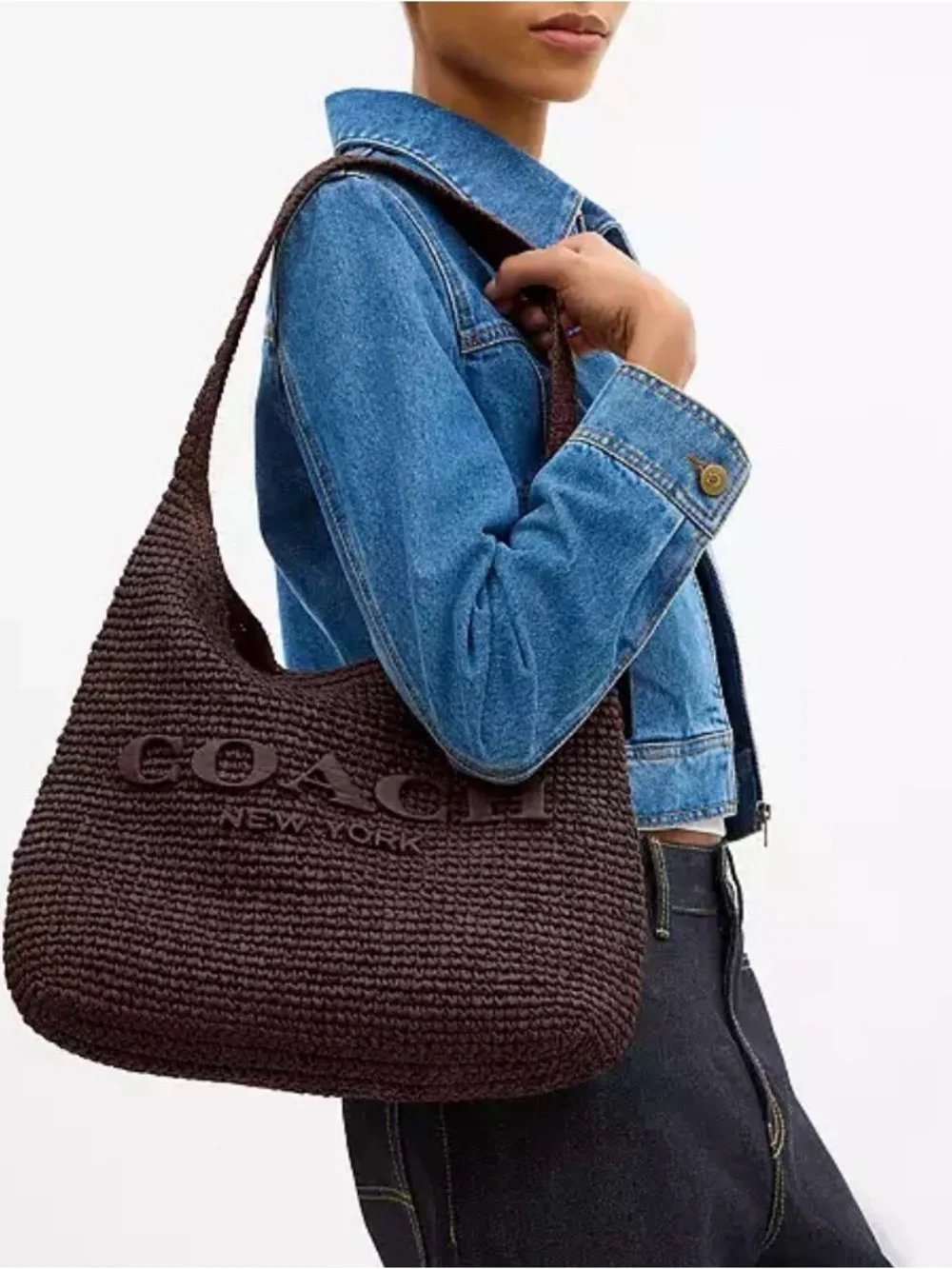NWT🍁Coach Brooklyn Shoulder Bag 34 Maple Dark Brown CDZ38 Straw Tote Woven Fall